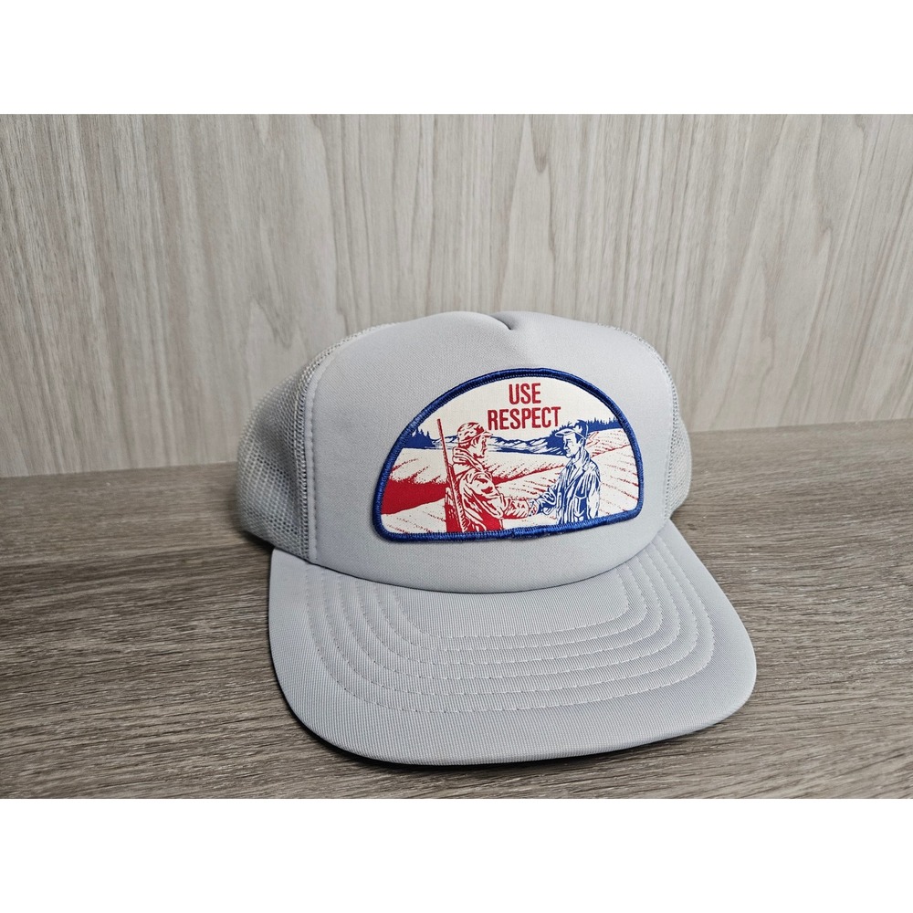 Vintage 1980s Use Respect Hunter Landowner Trucker Hat Gray Mesh Snapback Cap